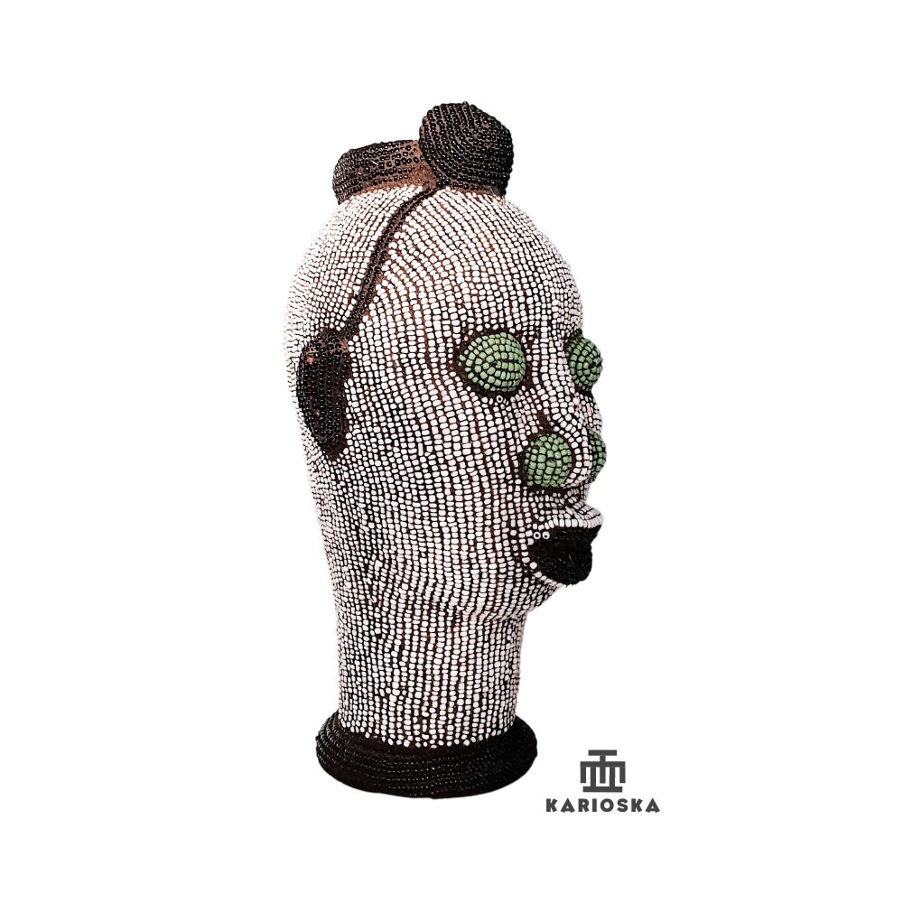 Tête Perlée Bamiléké Blanc Vert