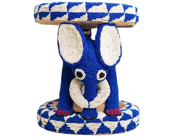 Tabouret Africain Babanki - Éléphant Bleu Blanc | Déco Artisanale Authentique | Unique Handmade