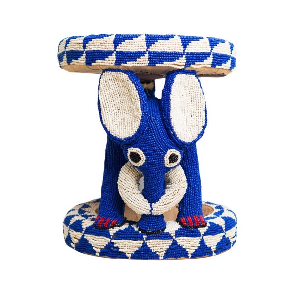 Tabouret Africain Babanki - Éléphant Bleu Blanc | Déco Artisanale Authentique | Unique Handmade