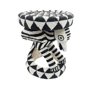 Bamiléké Beaded Stool Black White Bird | Side Table, Coffee Table; Nightstand | African Accent