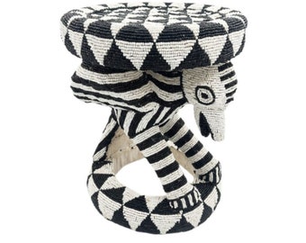 Tabouret Perlé Bamiléké Oiseau Noir Blanc | Table d'appoint, table basse; table de chevet | African Accent