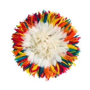 Juju Hat White Rainbow Border [5 sizes: 14&quot;, 20&quot;, 26&quot;, 32&quot;, 40&quot;] Bamileke Wall Decor Housewarming gift idea African Artisanat
