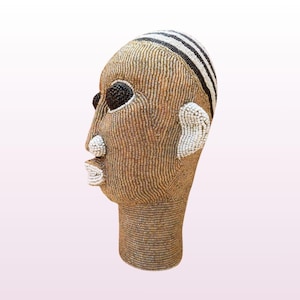 Authentic Bamileke beaded head gold white [28 cm - 11&quot;] african sculpture tribal ethnic art decor artisan gift object