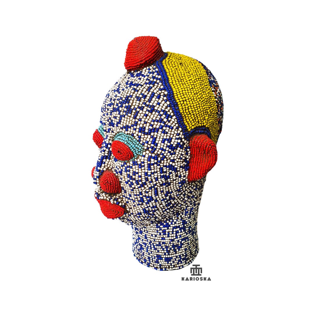 Tête Perlée Bamiléké Blue Spot | Décoration Africaine