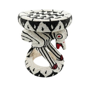 Bamiléké Beaded Stool Black White Bird | Side Table, Coffee Table; Nightstand | African Accent