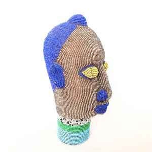 Beaded head blue silver yellow [28 cm - 11&quot;] african tribal sculpture handmade art Bamileke cameroon decor spiritual gift idea statue