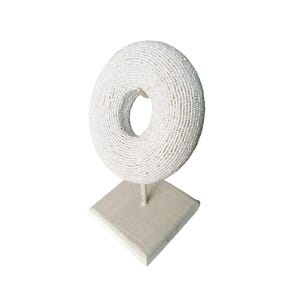 White Tikar beaded bracelet from Cameroon, ethnic decorative sculpture with white stand