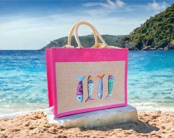 Sac en toile de jute, Sac de plage, Sac cabas grand format, Tote Bag, Multiples poches et Fermetures, 2 Paires d Anses, Sardines