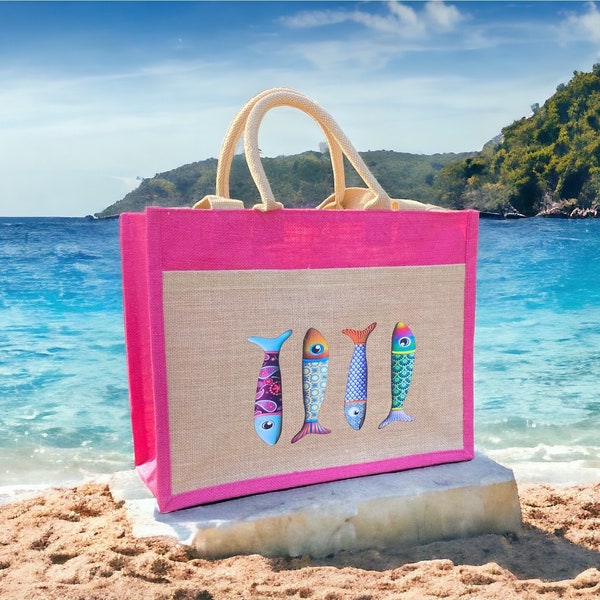 Sac en toile de jute, Sac de plage, Sac cabas grand format, Tote Bag, Multiples poches et Fermetures, 2 Paires d Anses, Sardines