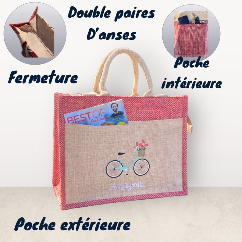 Sac en toile de jute, Sac de plage, Sac cabas grand format, Tote Bag, Multiples poches et Fermetures, 2 Paires d Anses, Vélo image 2