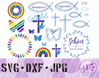 Könnte beinhalten: Eine Sammlung digitaler Designs mit religiösen Symbolen, Regenbogen, Schmetterlingen und einem Kreis von Menschen in verschiedenen Farben. Text enthält "SVG, DXF, JPG" und deutsche Wörter wie "Kommunion" und "Konfirmation".