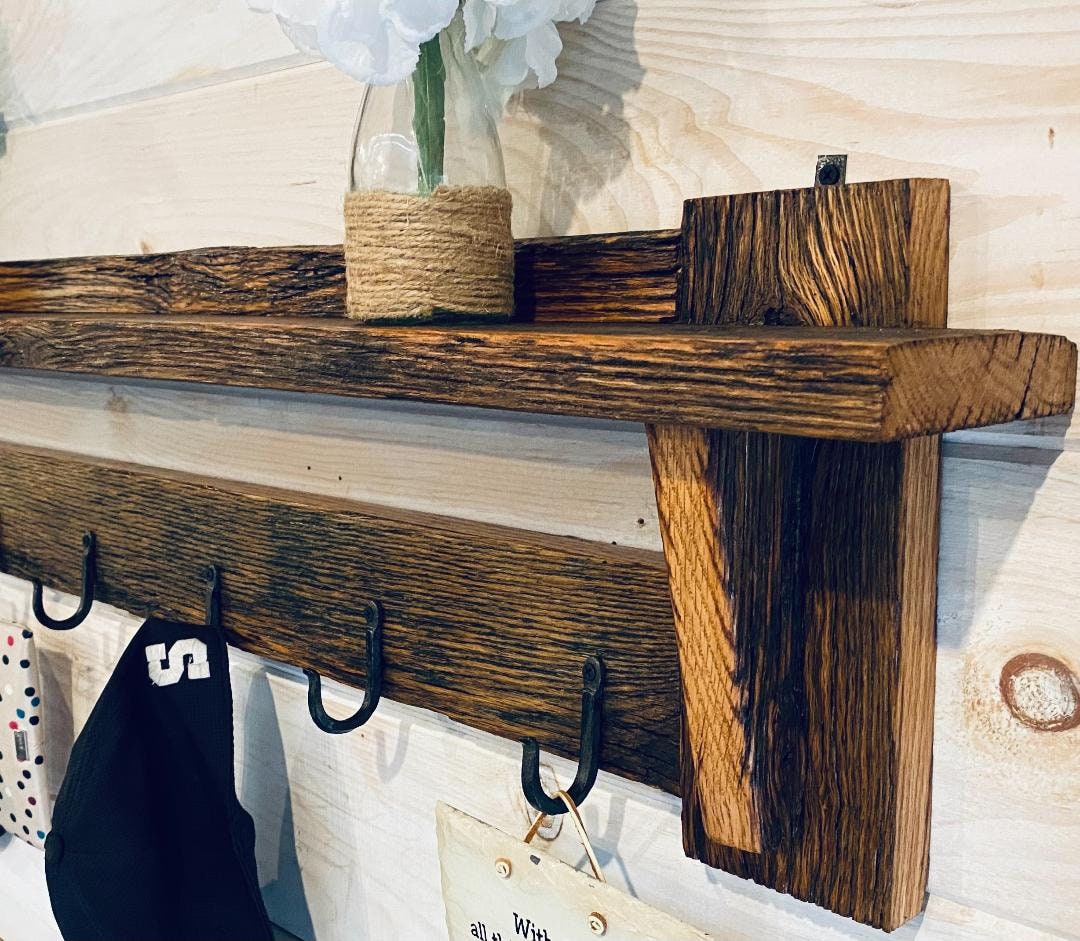 Rustic Barn Wood Shelf With Hanging Hooks Etsy