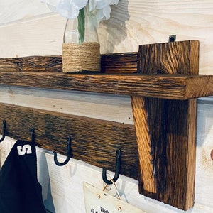 Rustic Barn wood Shelf with Hanging Hooks