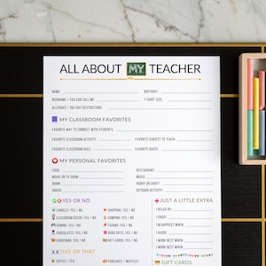 All About My Teacher Printable, First Day of School Teacher Questionnaire, Favorite Things Survey, Appreciation Gift, Get to know teacher