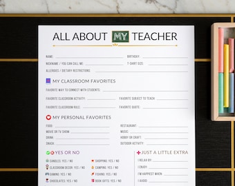 All About My Teacher Printable, First Day of School Teacher Questionnaire, Favorite Things Survey, Appreciation Gift, Get to know teacher