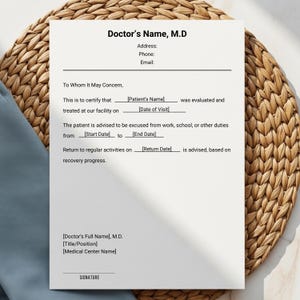 Può includere: Un documento medico bianco con il testo "Doctor's Name, M.D" in alto. Il documento include campi per le informazioni del paziente, le date e una riga di firma. Il documento è su una superficie intrecciata marrone chiaro.