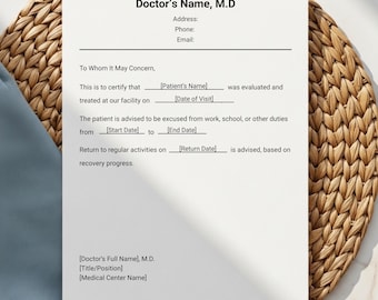 Editable Doctor Excuse Note Template. Printable Medical Excuse Note for Work & School. Urgent Care Excuse Letter. Fillable absence Letter