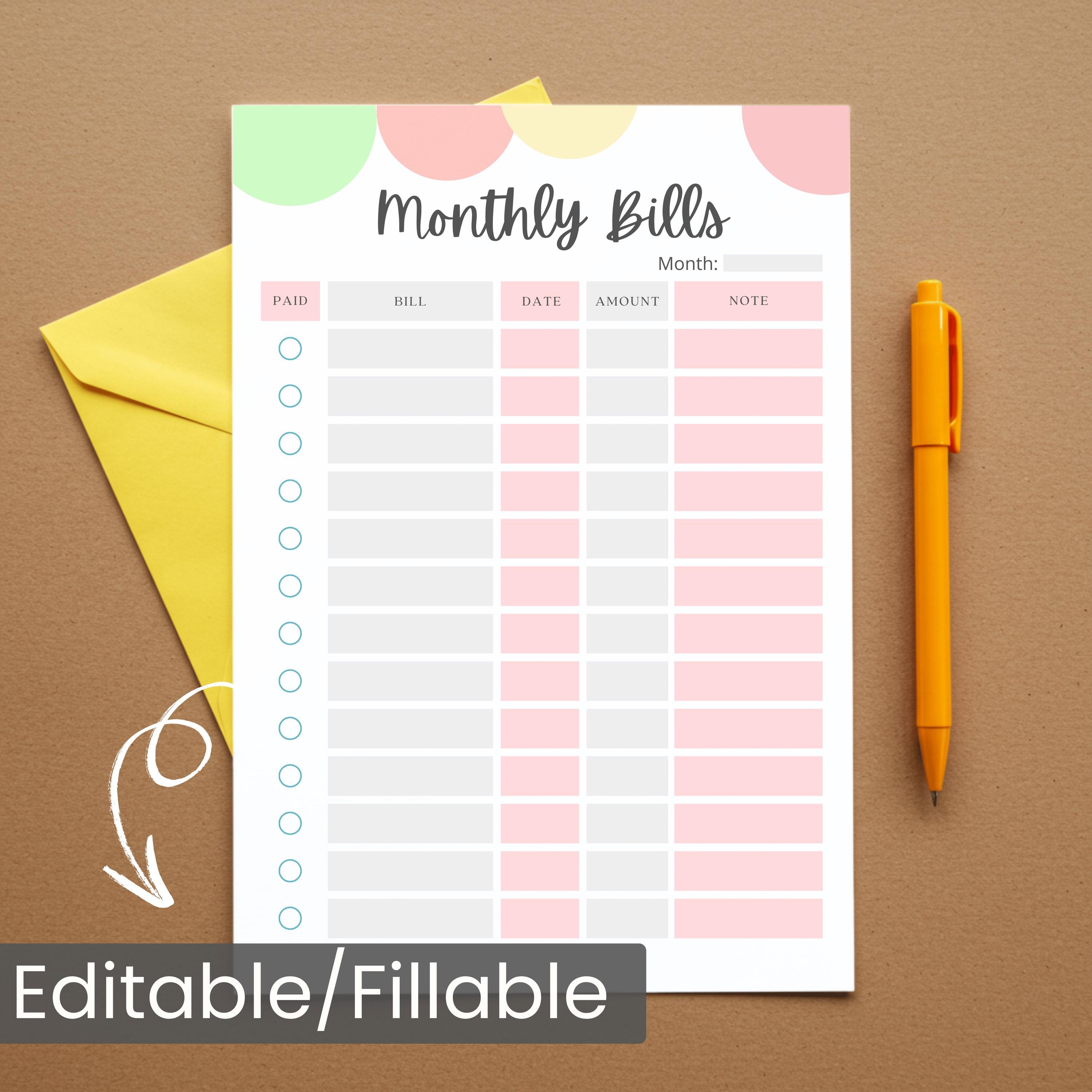 Editable Yearly Bill Payment Tracker Printable | Monthly Bill Log PDF ...