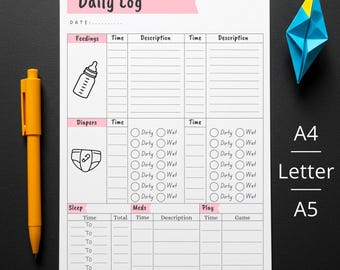 Baby Daily Log, Infant Daily Log, Baby Care Journal, infant activity, Newborn Baby Tracker, Babysitting Helper, Baby feeding log