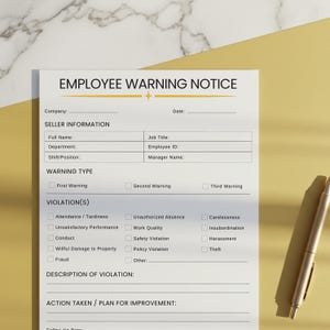 Editable Employee Warning Notice Template, Disciplinary Form, Write Up Form, Employee Performance HR Form, Printable employee management