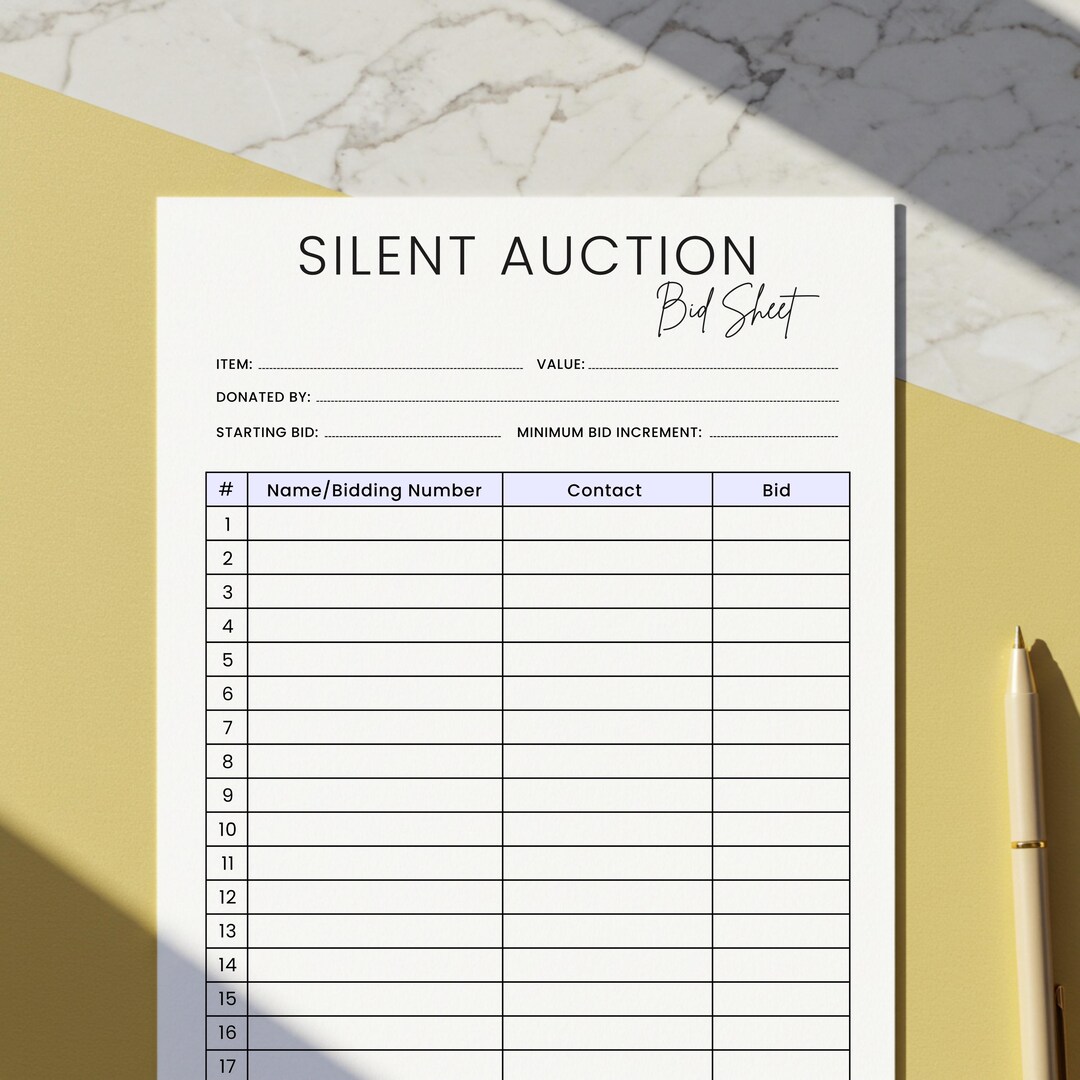 Silent Auction Bid Editable Sheet, Printable Silent Auction Sign up ...