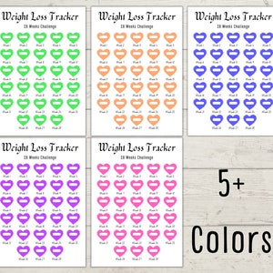 May include: Printable weight loss tracker with 28 weeks of hearts to fill in. The tracker is available in five colors: green, orange, blue, purple, and pink. The text "Weight Loss Tracker" and "28 Weeks Challenge" is at the top of each tracker.