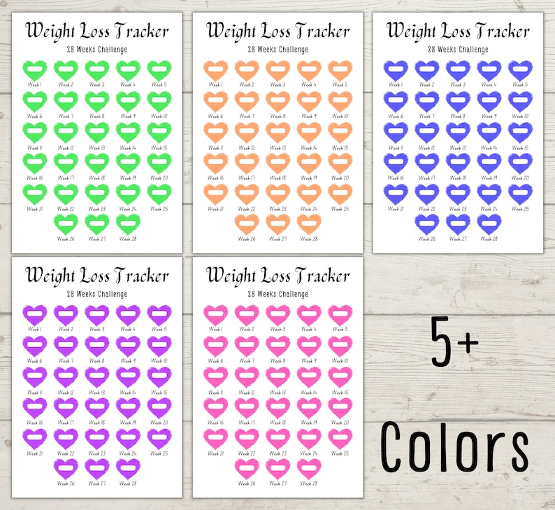 May include: Printable weight loss tracker with 28 weeks of hearts to fill in. The tracker is available in five colors: green, orange, blue, purple, and pink. The text "Weight Loss Tracker" and "28 Weeks Challenge" is at the top of each tracker.