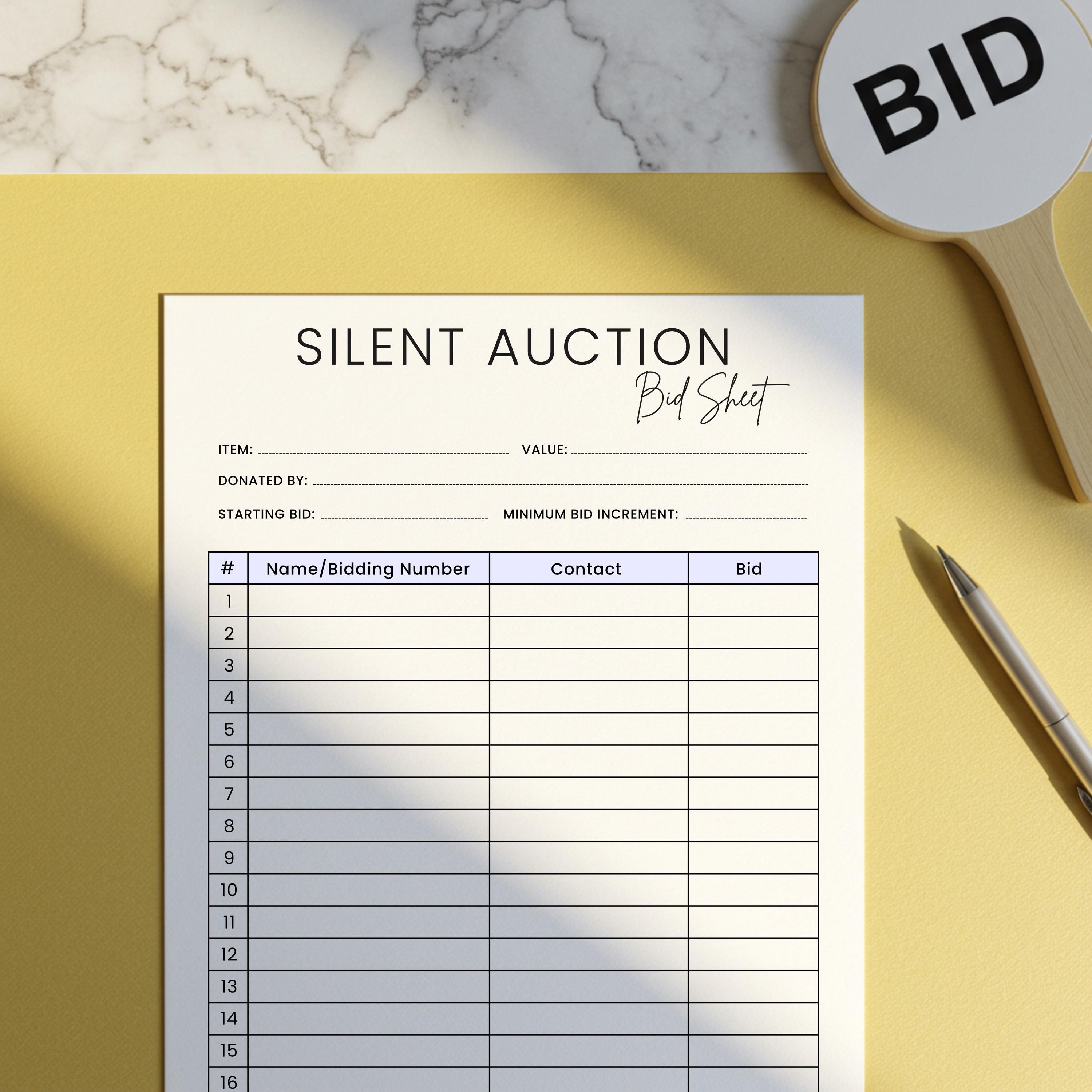 Silent Auction Bid Editable Sheet, Printable Silent Auction Sign up ...