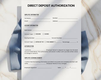 Editable Direct Deposit Authorization. Printable Payroll Form. Deposit Consent Template. Employee Direct Deposit. HR Template. Canva PDF