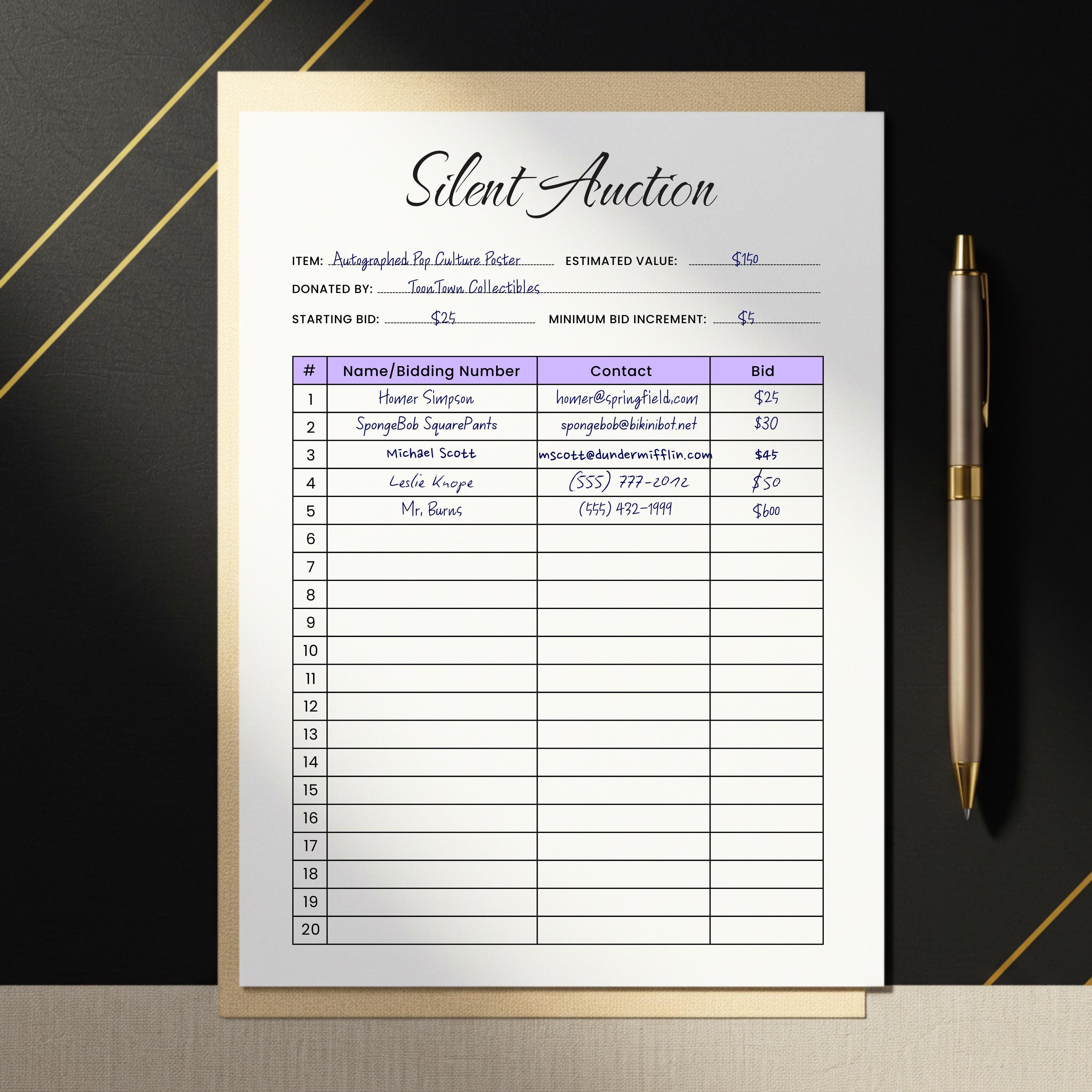 Printable Silent Auction Bid. Auction Sign up Sheet. Editable Silent ...