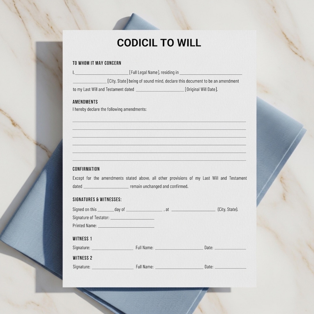 Editable Codicil to Will Template. One Page Codicil to Will. Simple ...