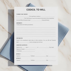 May include: A white document titled "CODICIL TO WILL" with fill-in-the-blank sections for legal information. The document is on a light blue surface. Text includes "TO WHOM IT MAY CONCERN" and "SIGNATURES & WITNESSES:"