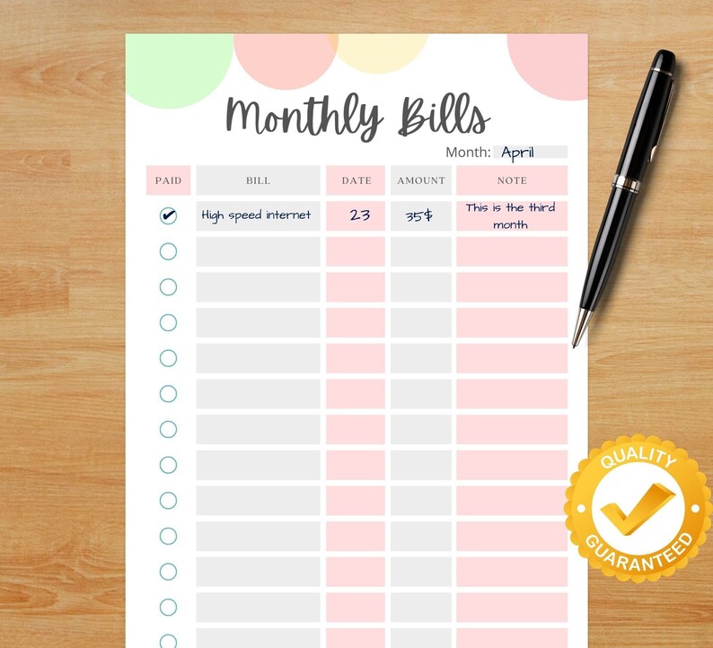 May include: A pink and white printable monthly bill tracker with a checkmark next to the first bill, "High speed internet", with a date of 23 and an amount of 35$. The note for this bill reads "This is the third month".