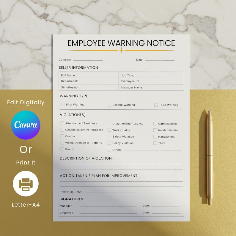 Editable Employee Warning Notice Template, Disciplinary Form, Write up ...