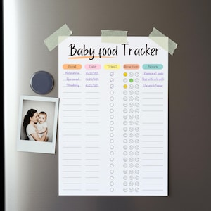 May include: A white baby food tracker chart with the title "Baby Food Tracker" taped to a refrigerator. The chart includes columns for food, date, tried, reaction, and notes. A photo of a mother and baby is attached.