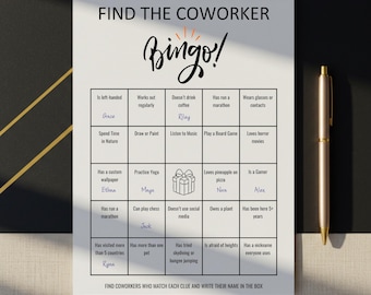 Bingo imprimible "Encuentra a tu compañero de trabajo". Bingo "Conociéndote". Juego para romper el hielo en fiestas. Encuentra a alguien. Actividad de trabajo en equipo en la fiesta de la oficina.