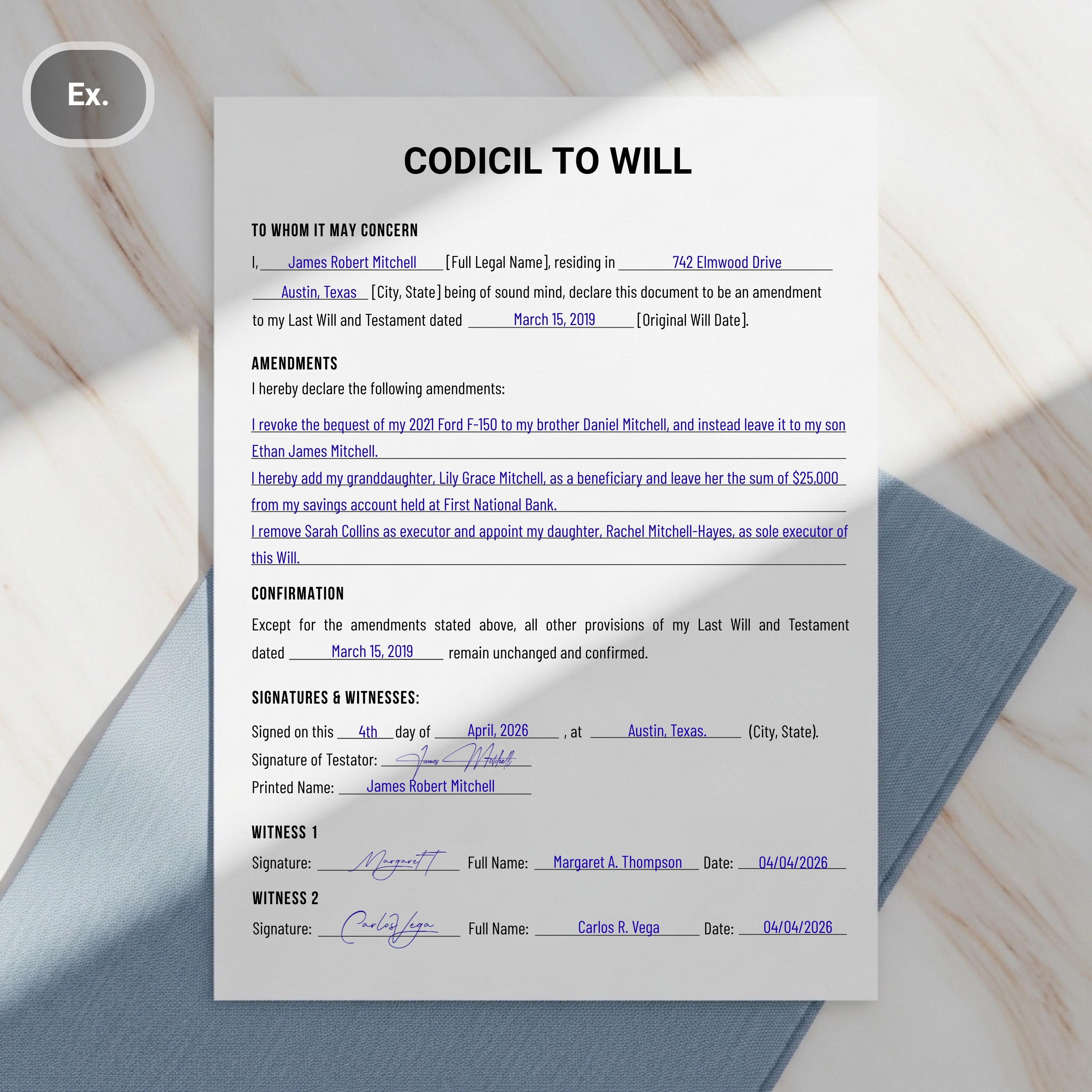 Editable Codicil to Will Template. One Page Codicil to Will. Simple ...