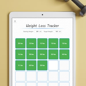May include: A digital tablet displaying a weight loss tracker. The screen shows a grid with weight loss entries in pounds, starting at 200 lbs with a target of 150 lbs. A dumbbell is visible in the background.
