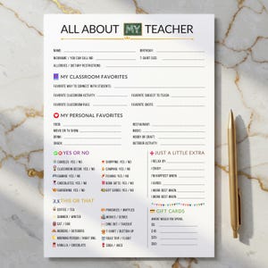 All About My Teacher Printable. My Teacher Favorites Things Printable. Get to Know the Teacher Questionnaire. Back to School form PDF