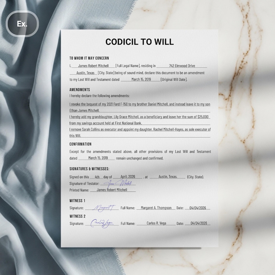 Editable Codicil to Will Template. One Page Codicil to Will. Simple ...