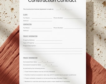 Construction contract. Construction Agreement Form. Construction agreement template. Canva Template. Editable Construction work contract