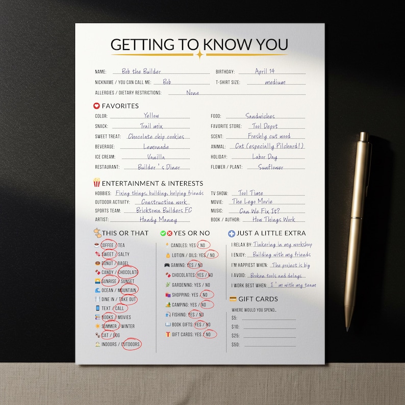 May include: A handwritten questionnaire titled "Getting to Know You". It features personal details, favourite things, and preferences. A gold pen lies on the right, next to the form filled with text.