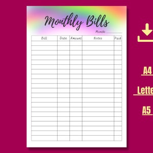 May include: Printable monthly bill tracker with a rainbow gradient background. The tracker has columns for bill, date, amount, notes, and paid.