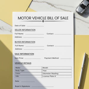 Editable Vehicle Bill of Sale, Printable Motor Vehicle Sale Contract, Bill of Sale Form, Car Sale Form, Bill of Sale Agreement, Fillable PDF