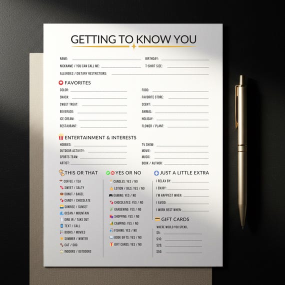 Getting To Know You Printable, Coworker Questionnaire, All About Me Survey, Employee Favorite Things, Team Staff Questionnaire quiz