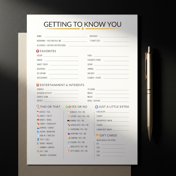 Getting To Know You Printable, Coworker Questionnaire, All About Me Survey, Employee Favorite Things, Team Staff Questionnaire quiz