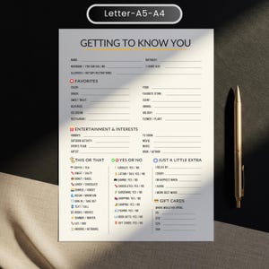 May include: A white A5-A4 sized paper with the title "GETTING TO KNOW YOU" and fill-in sections for personal details, preferences, and interests. A gold pen lies on the right. The paper is for self-assessment.