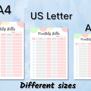 May include: Three printable monthly bill tracker pages in A4, US Letter, and A5 sizes. Each page features a pastel pink, green, and yellow color scheme with a polka dot pattern and the text "Monthly Bills".