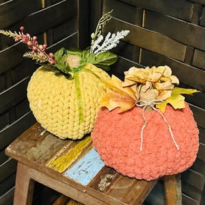 May include: Two decorative pumpkins made of chunky knit yarn. The left pumpkin is mustard yellow with green leaves and red berries. The right pumpkin is coral orange, topped with tan fabric leaves and a thin twine bow tied around the stem.