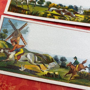 May include: Two vintage illustrations of people riding horses. The top image shows a person in a green outfit riding a white horse with a red flag in the background. The bottom image shows a person in a yellow and blue outfit riding a white horse with a windmill in the background.